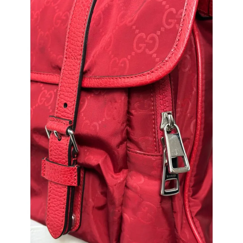 Gucci Red Nylon Monogram Double Buckle Flap Messenger Bag